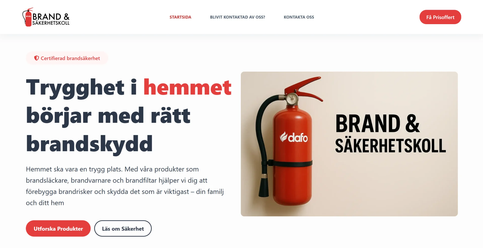 Brand & Säkerhetskoll startsida — hero med brandsläckare och trygghet i hemmet