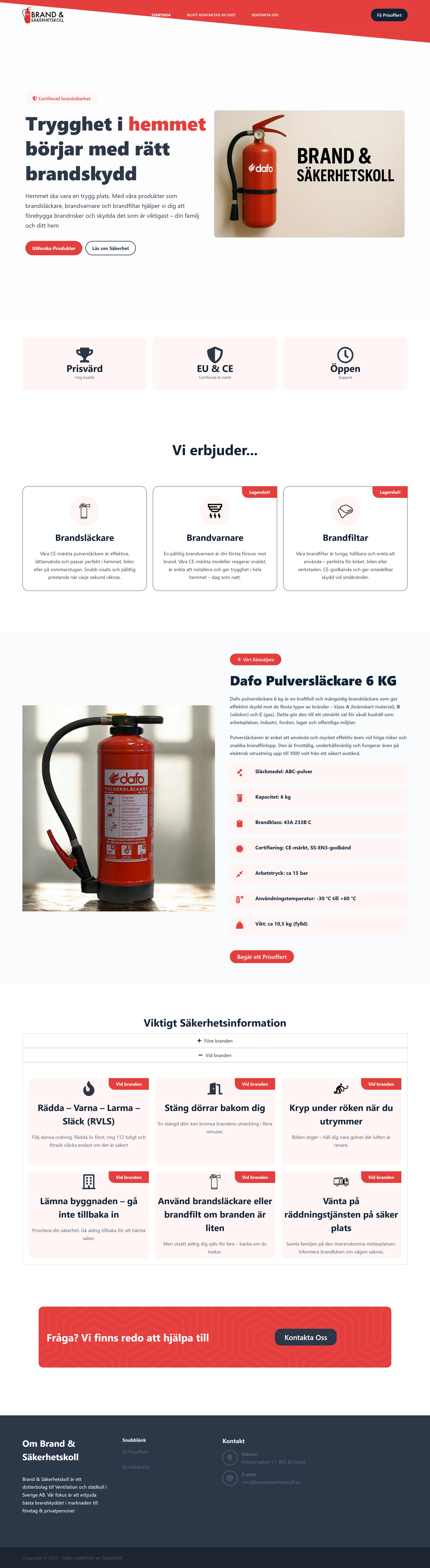 Hela Brand & Säkerhetskoll-startsida från topp till botten