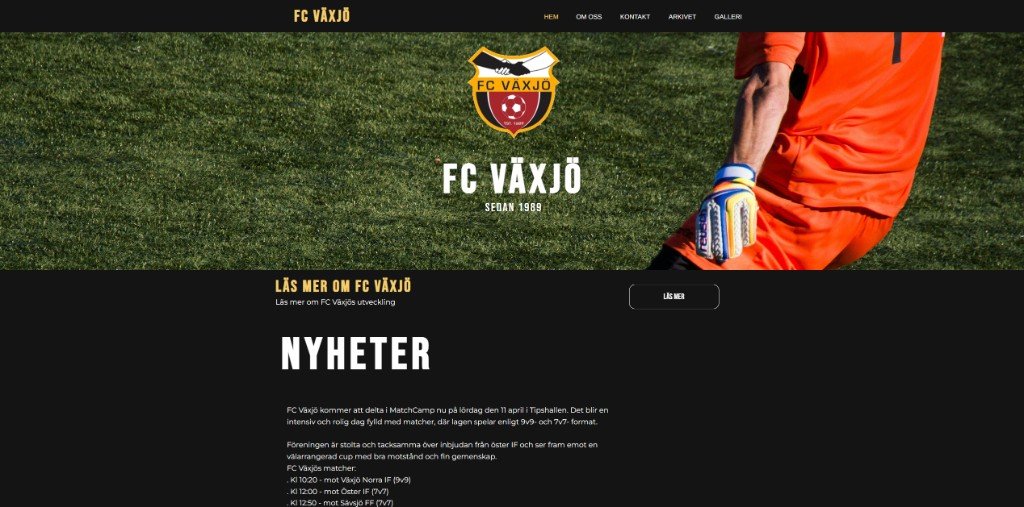 FC Växjö startsida — hero med klubbmärke och plan