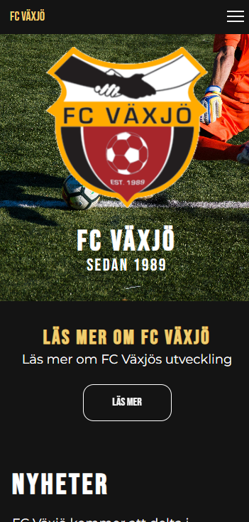 FC Växjö mobil startsida — hero med klubbmärke