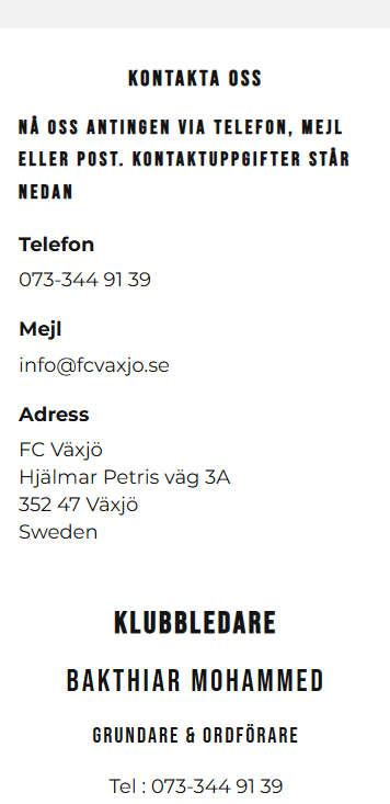 FC Växjö mobil — kontaktuppgifter och klubbledare