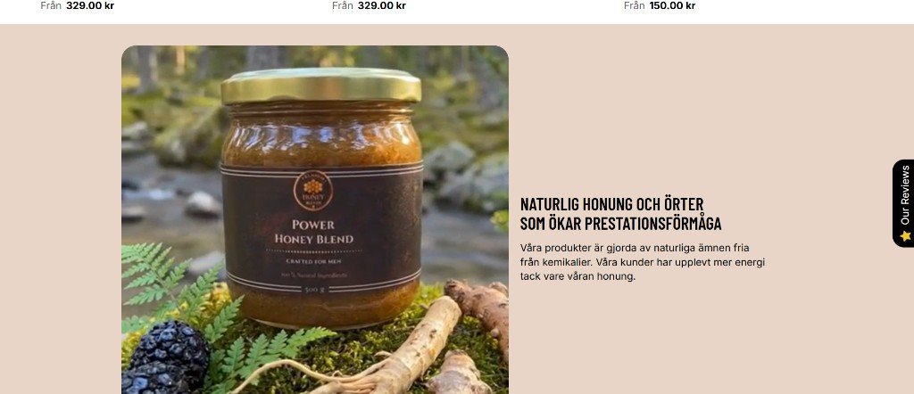 Produktsektion med Power Honey Blend-burk i naturmiljö och text om naturlig honung och örter