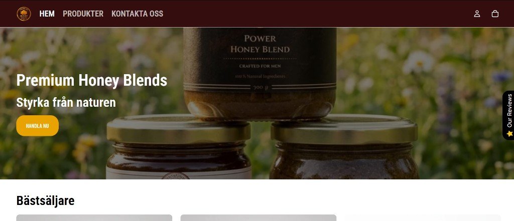 Premium Honey Blends startsida — mörk hero med honungsburkar och Handla nu-knapp