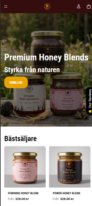 Mobil startsida — hero med honungsburkar och bästsäljare under