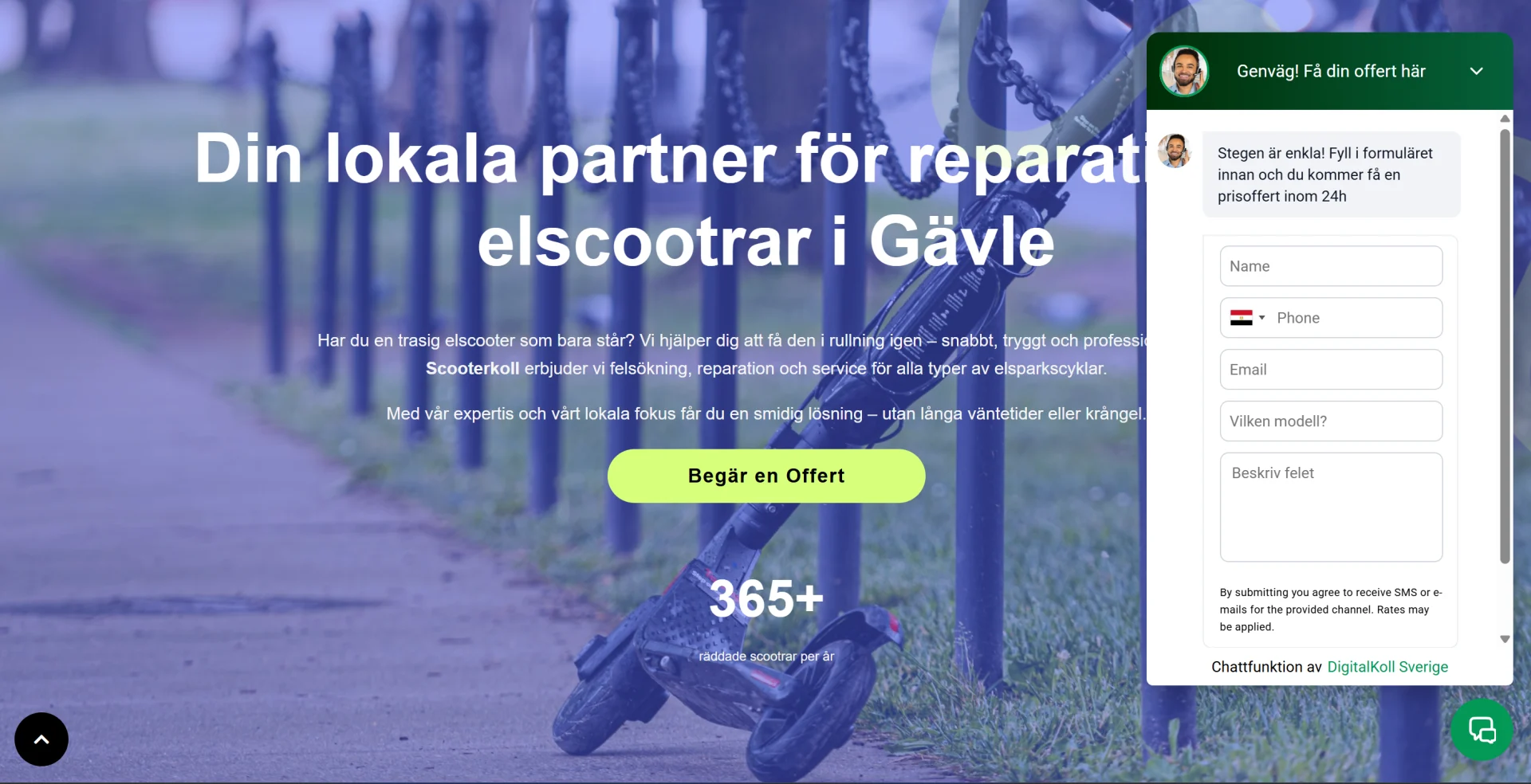 Scooterkoll startsida — hero med offertformulär och 365+ reparerade scootrar