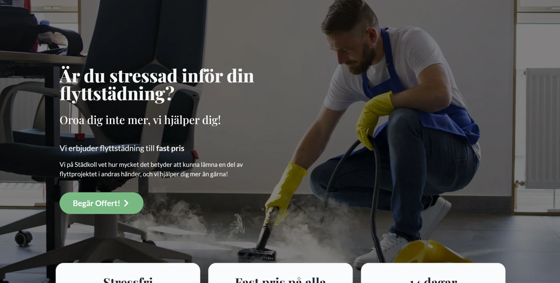 Städkoll startsida — hero med flyttstädning till fast pris