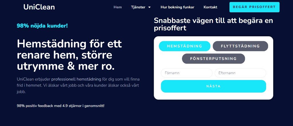 UniClean startsida — hero med prisoffertformulär