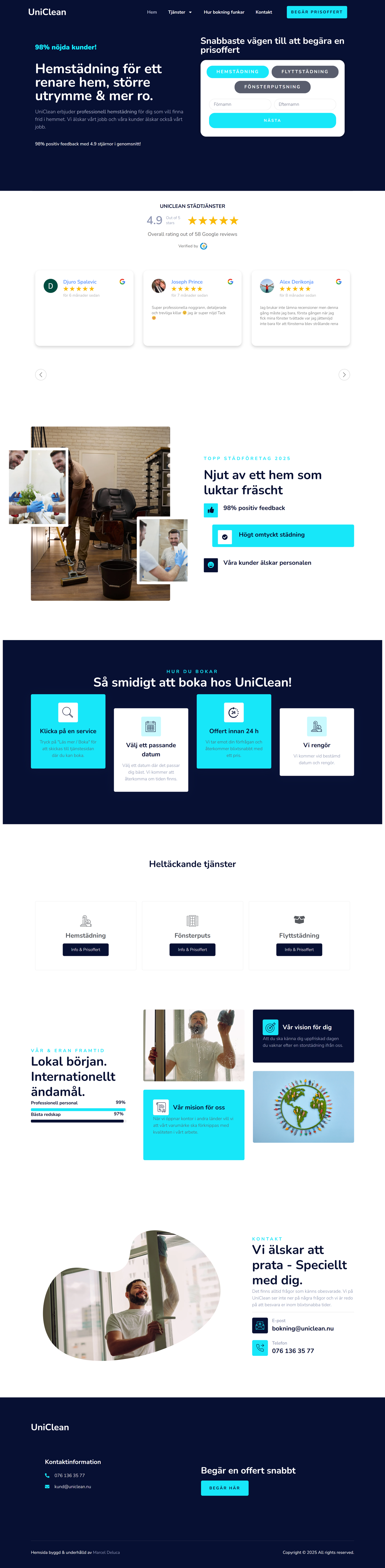 Hela UniClean-startsidan från topp till botten