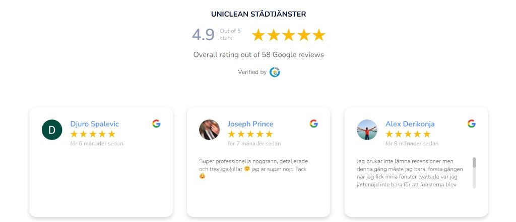 UniClean recensionssektion — 4.9 i betyg från 58 Google-recensioner, hämtat live